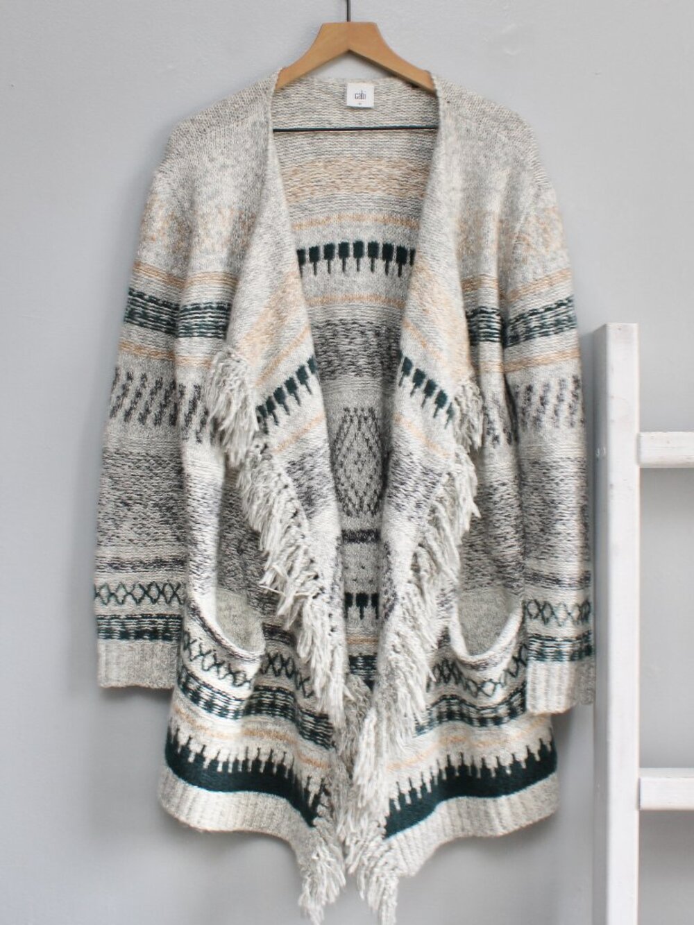CAbi Shetland Fringe Waterfall Open Cardigan Aztec Tribal Pattern Size Medium